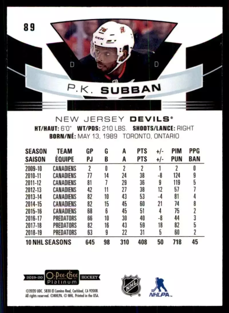 2019-20 O-Pee-Chee Platinum #89 P.K. Subban 1