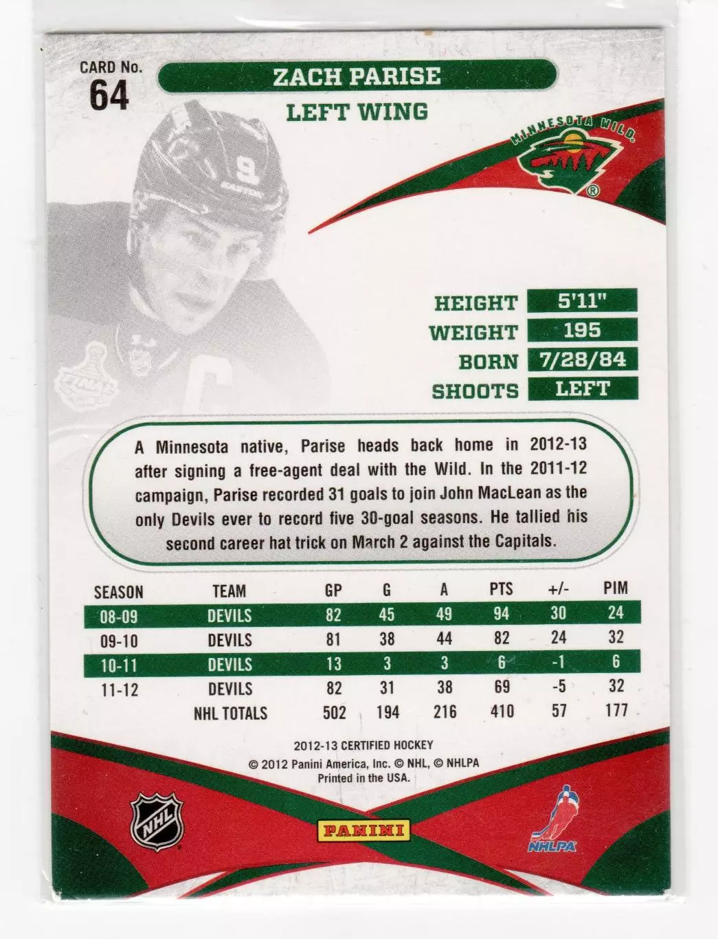 2012-13 Certified #64 Zach Parise 1
