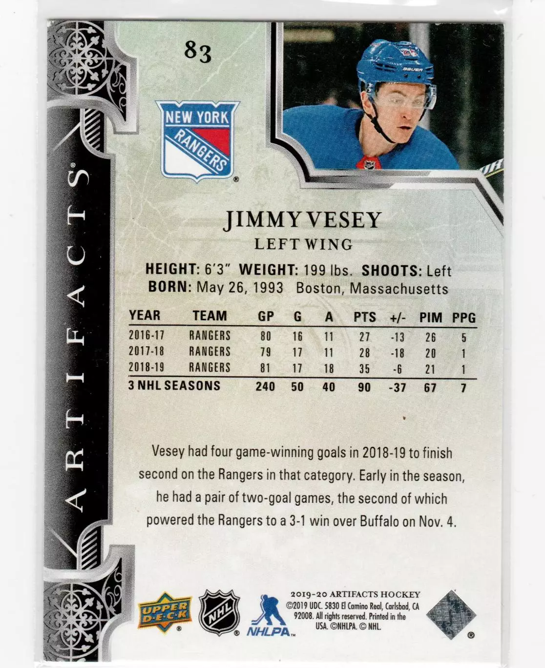 2019-20 Artifacts #83 Jimmy Vesey 1