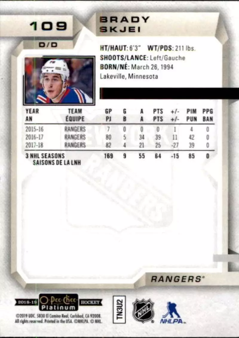 2018-19 O-Pee-Chee Platinum #109 Brady Skjei 1