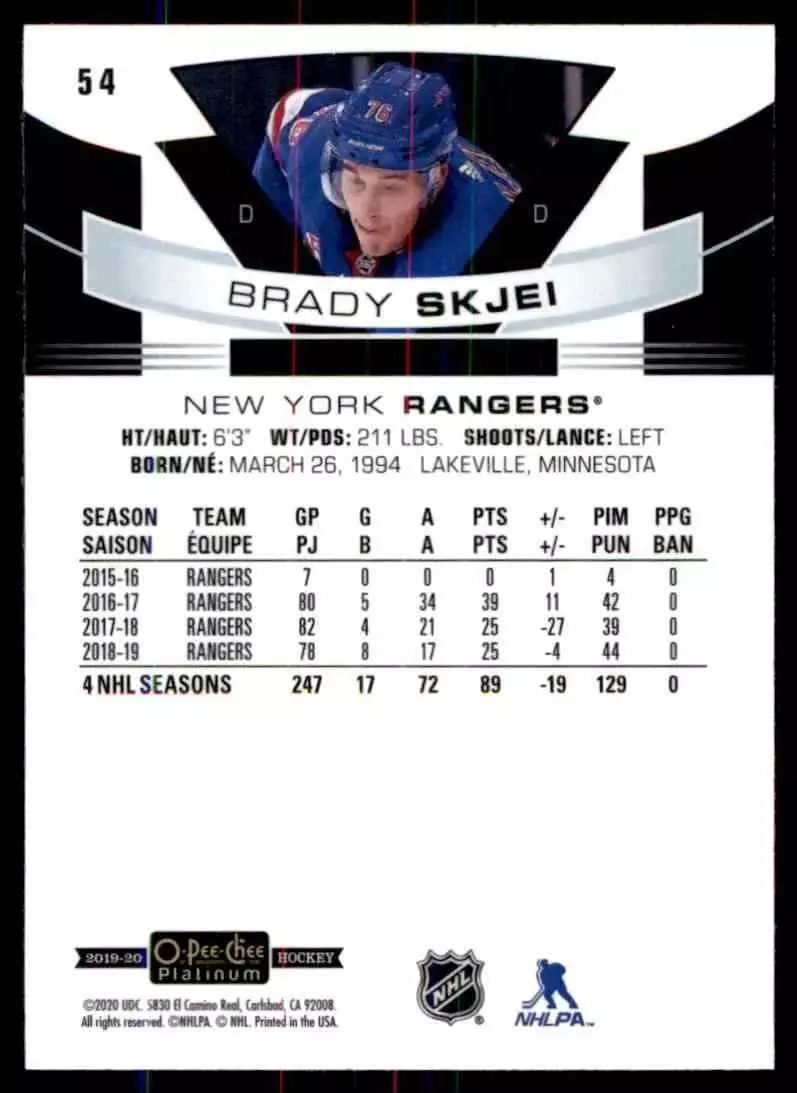2019-20 O-Pee-Chee Platinum #54 Brady Skjei 1