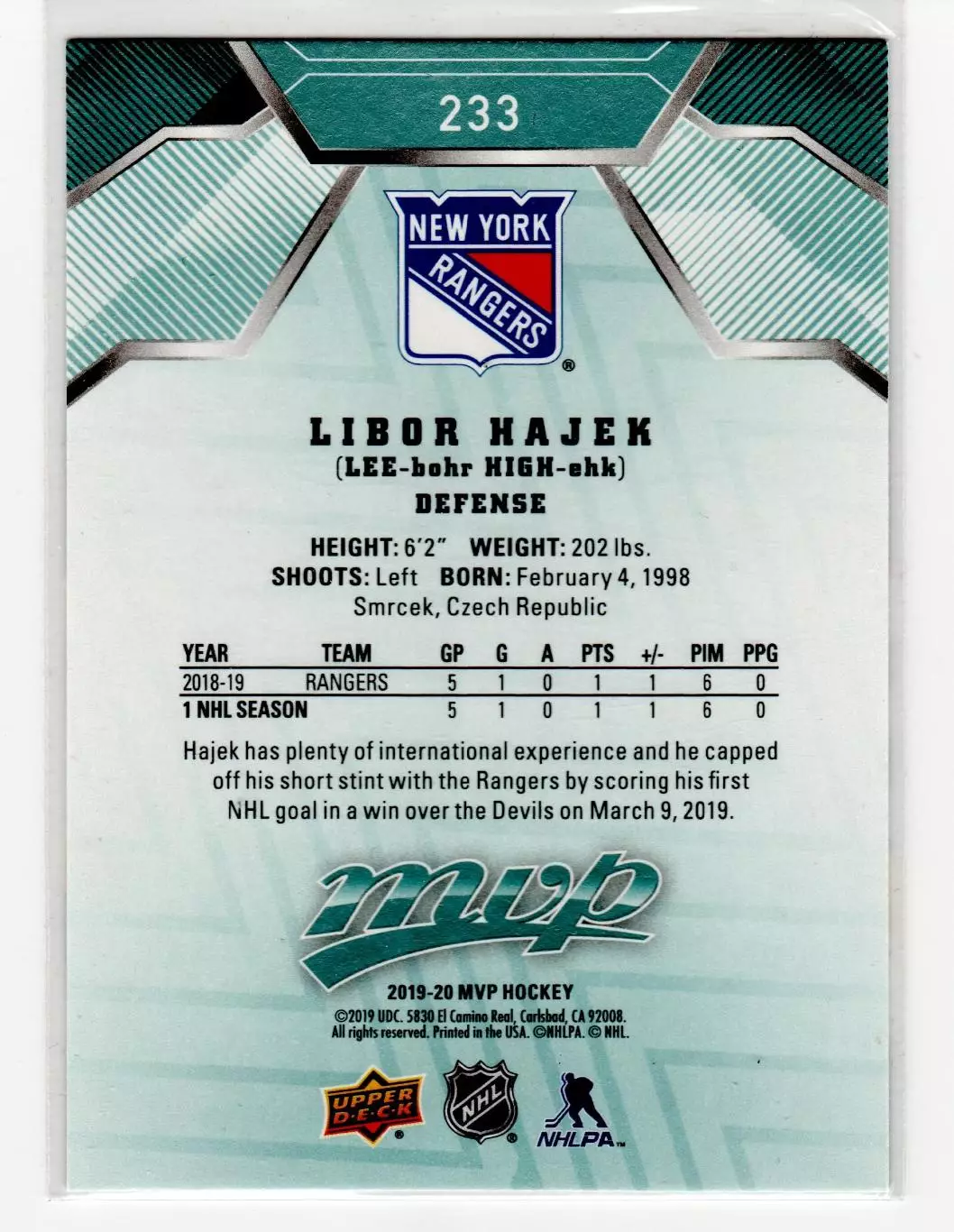 2019-20 Upper Deck MVP #233 Libor Hajek SP RC 1