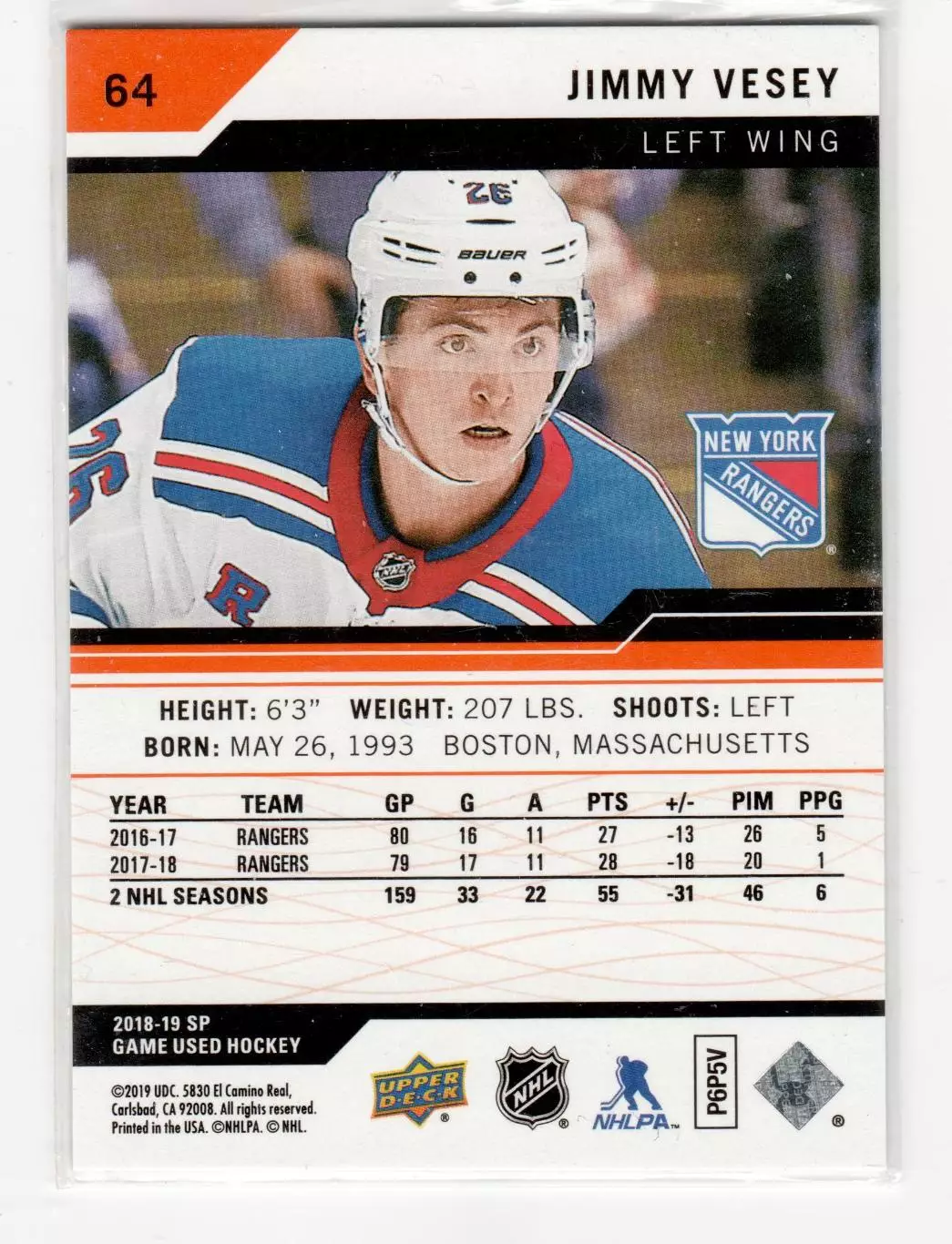 2018-19 SP Game Used Orange Rainbow #64 Jimmy Vesey 119/128 1