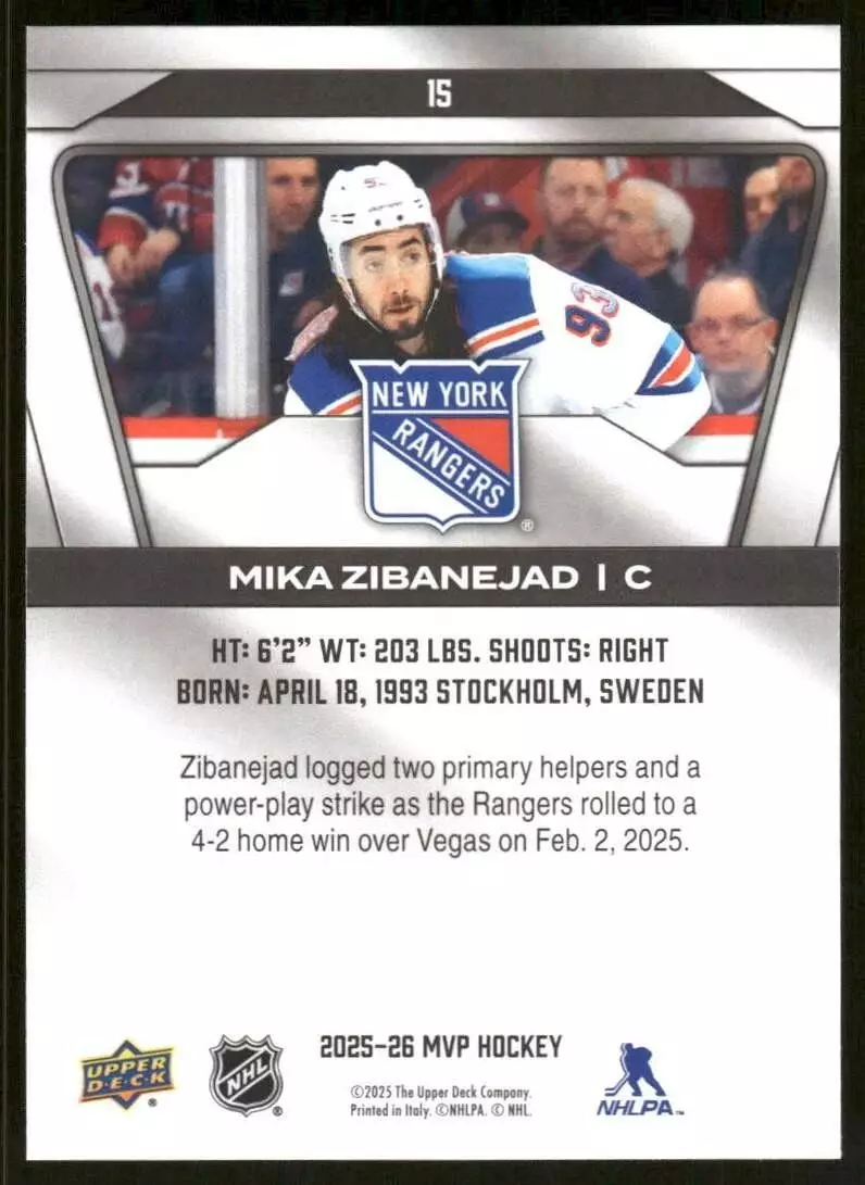 2025-26 Upper Deck MVP #15 Mika Zibanejad 1