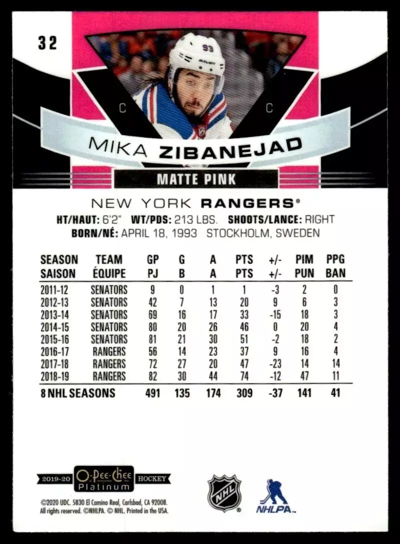2019-20 O-Pee-Chee Platinum #32 Mika Zibanejad 1