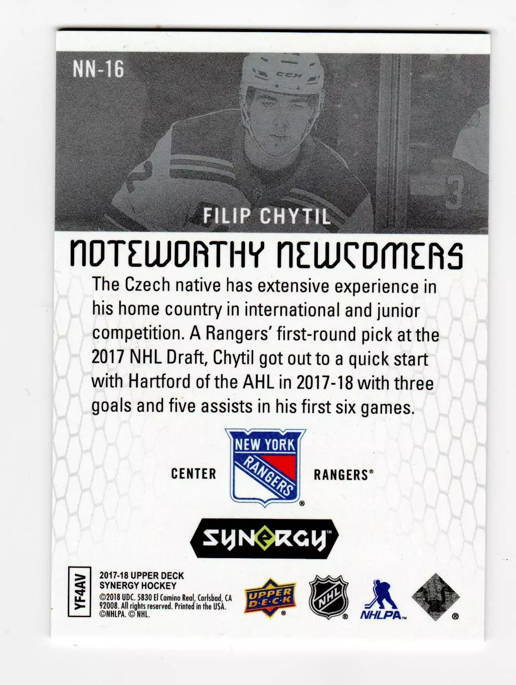 2017-18 Synergy Noteworthy Newcomers #NN16 Filip Chytil 1