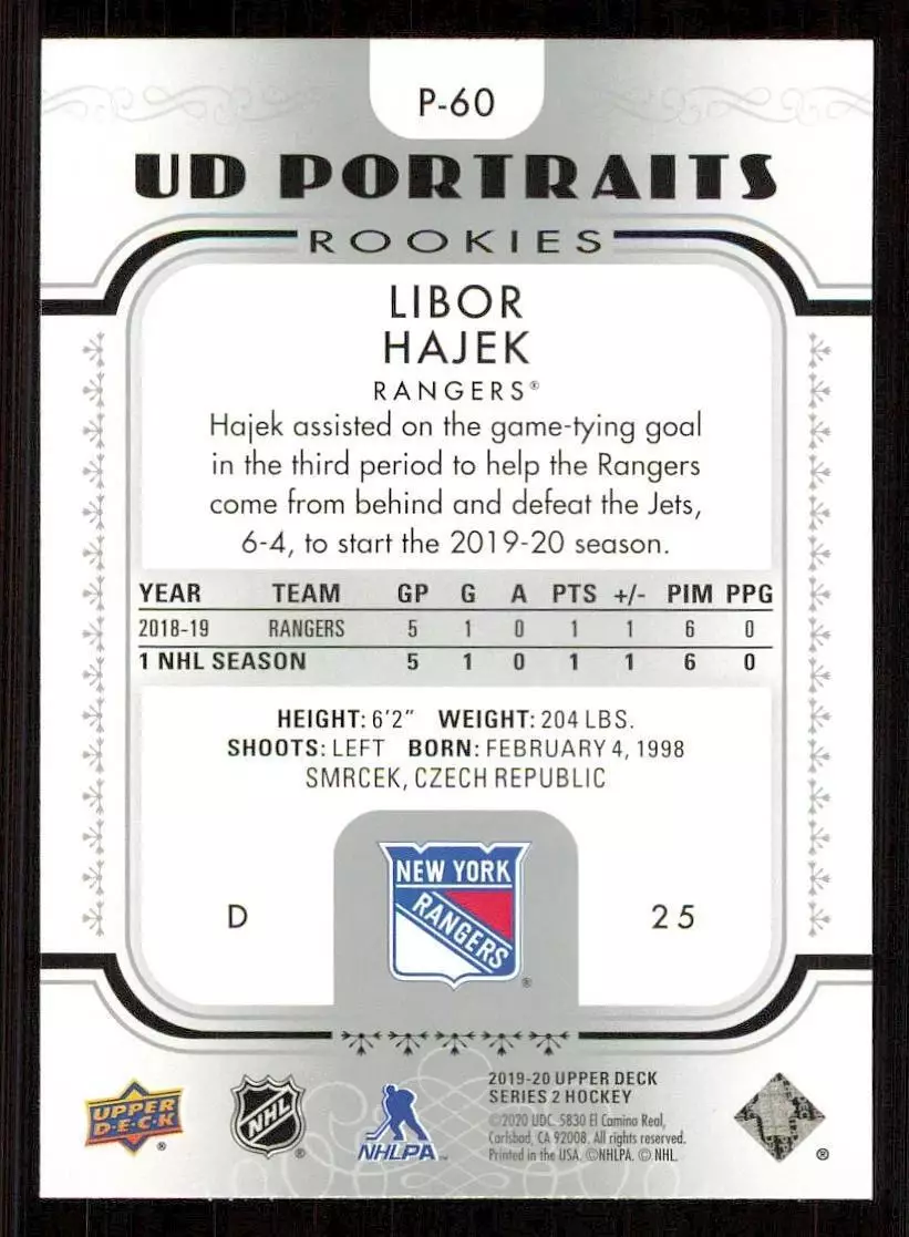 2019-20 Upper Deck UD Portraits #P60 Libor Hajek 1