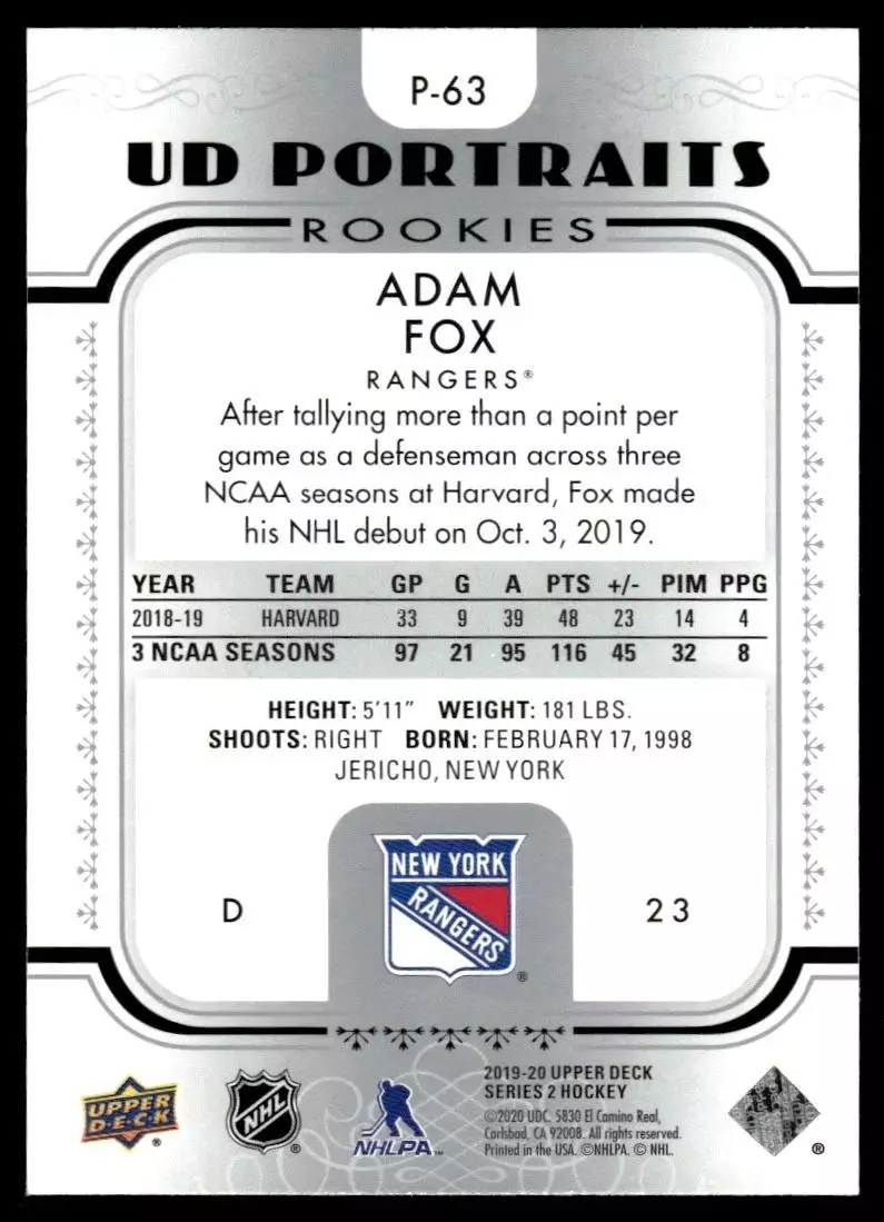2019-20 Upper Deck UD Portraits #P63 Adam Fox 1
