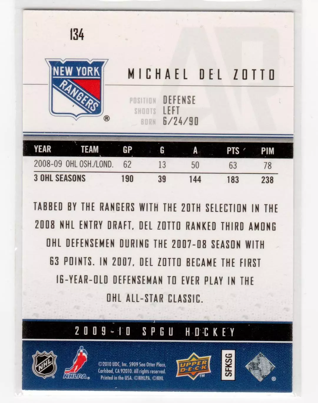 2009-10 SP Game Used #134 Michael Del Zotto RC 649\999 1