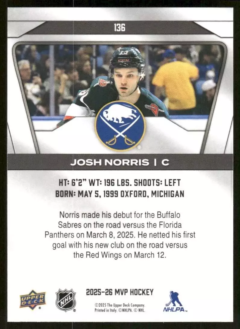 2025-26 Upper Deck MVP #136 Josh Norris 1