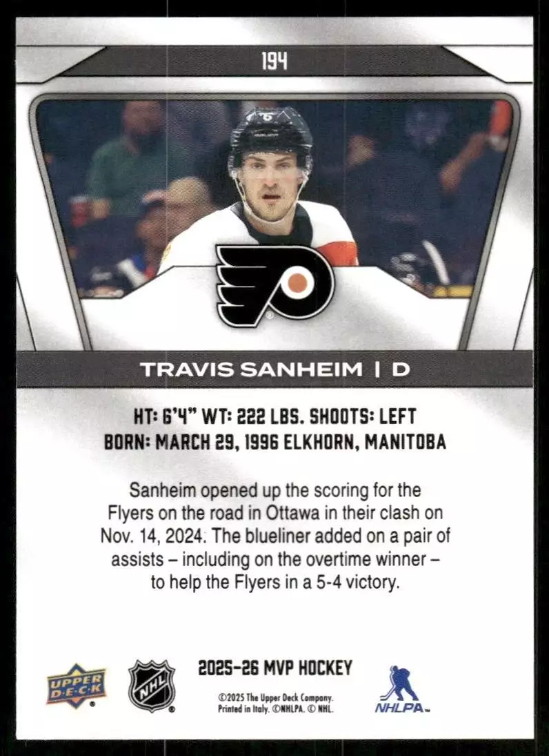 2025-26 Upper Deck MVP #194 Travis Sanheim 1