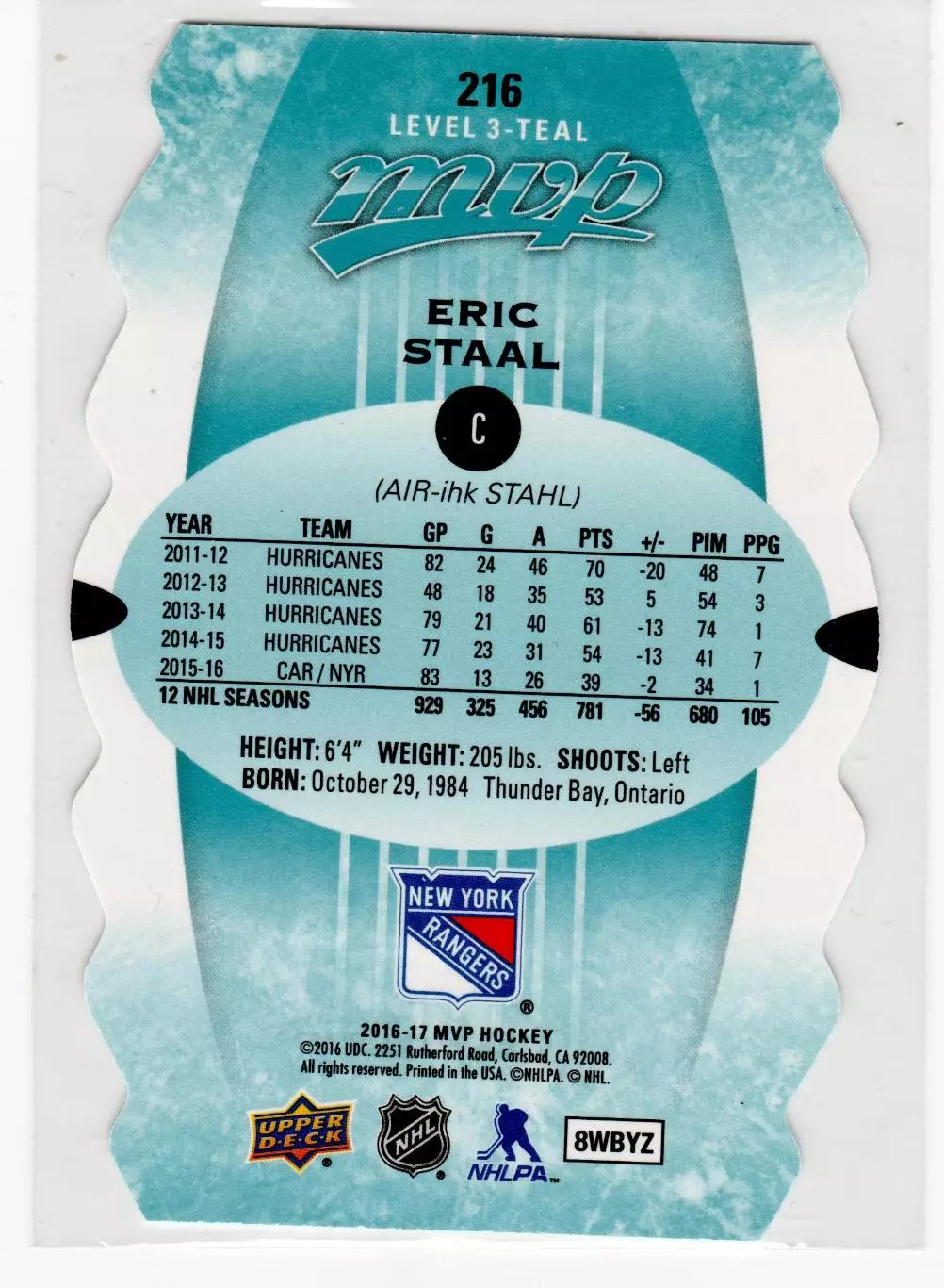 2016-17 Upper Deck MVP Colors and Contours #216 Eric Staal T3 1
