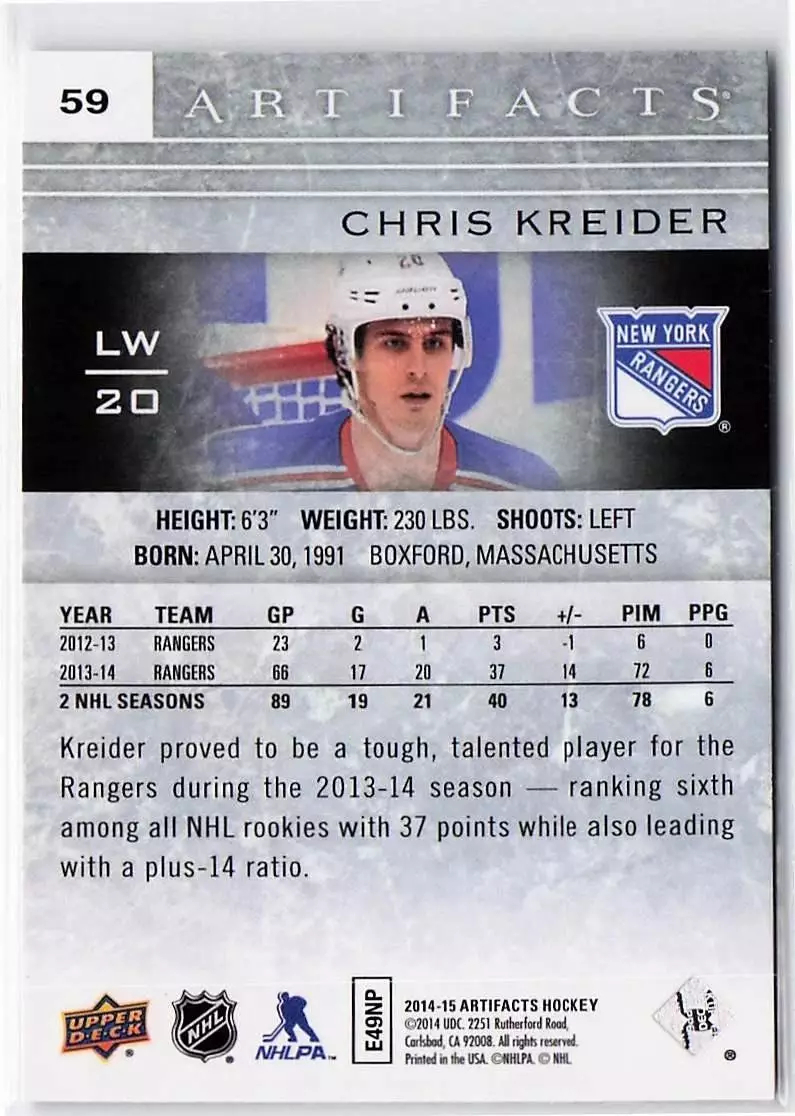 2014-15 Artifacts #59 Chris Kreider 1