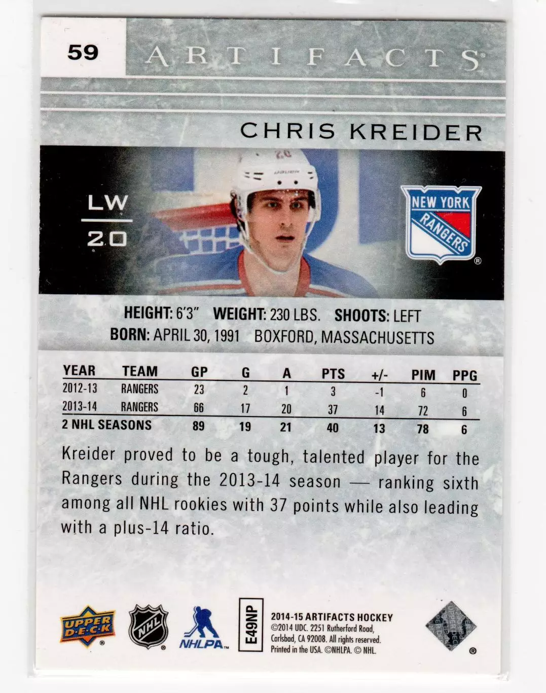 2014-15 Artifacts Ruby #59 Chris Kreider 015\599 1