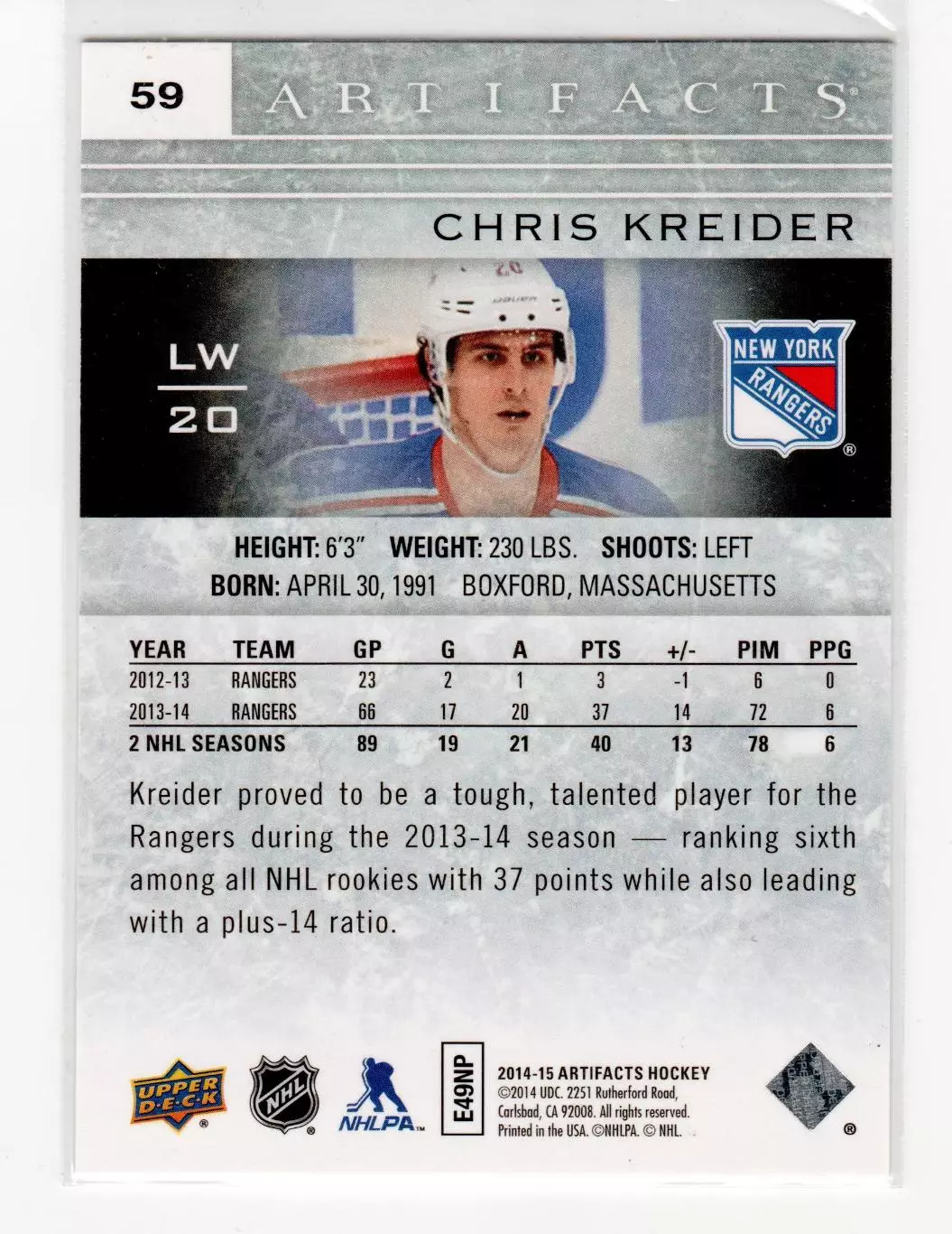 2014-15 Artifacts Sapphire #59 Chris Kreider 73\85 1