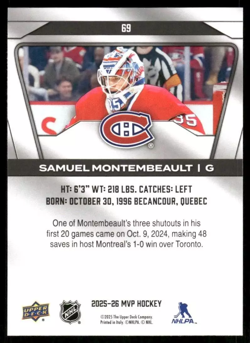2025-26 Upper Deck MVP #69 Samuel Montembeault 1