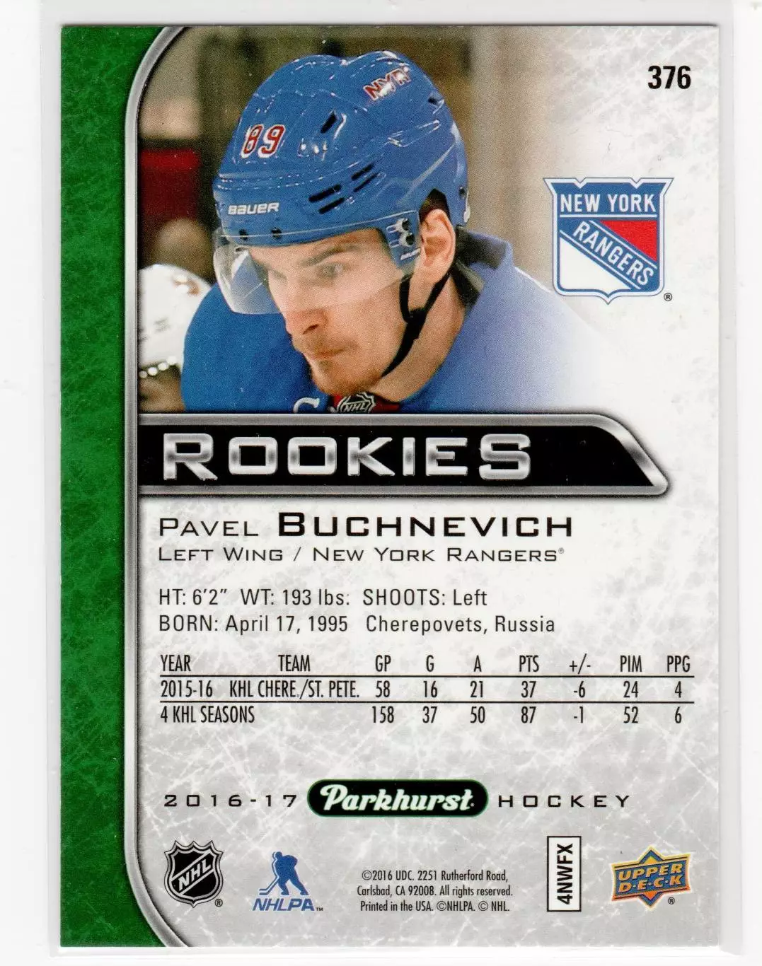 2016-17 Parkhurst #376 Pavel Buchnevich RC 1