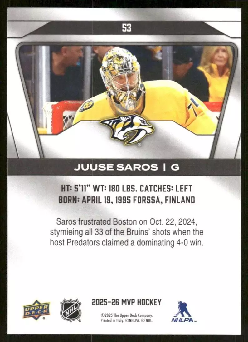 2025-26 Upper Deck MVP #53 Juuse Saros 1