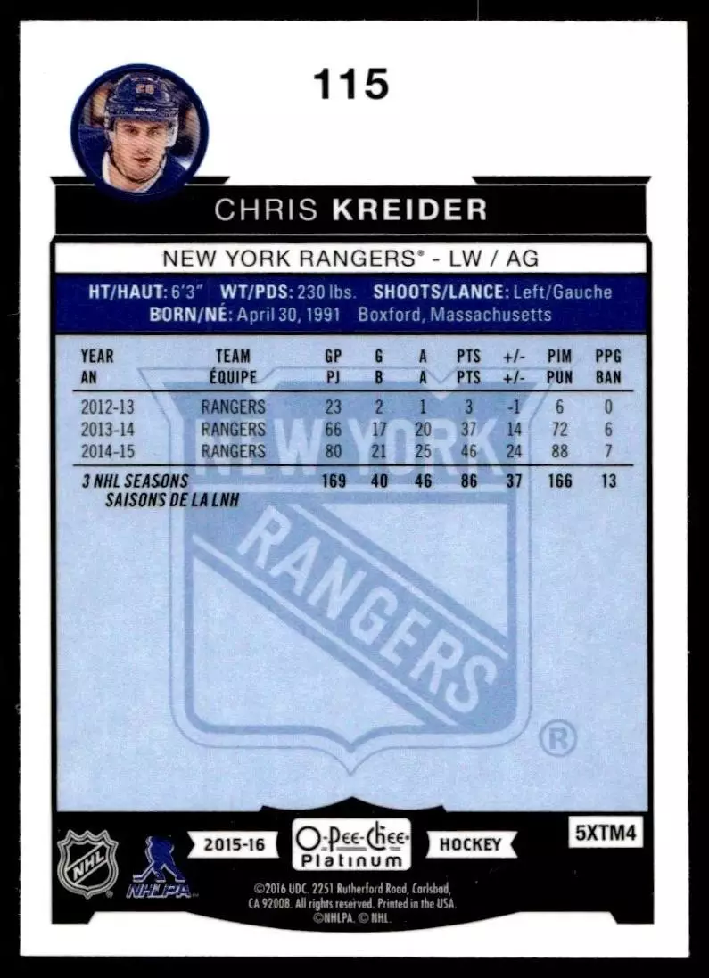 2015-16 O-Pee-Chee Platinum #115 Chris Kreider 1