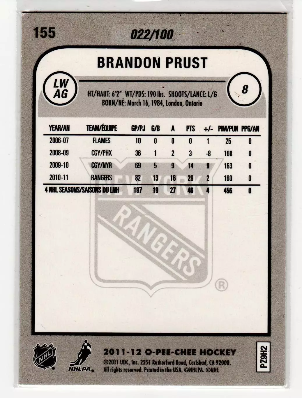 2011-12 O-Pee-Chee Black Rainbow #155 Brandon Prust 22\100 1