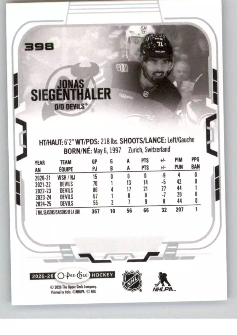 2025-26 O-Pee-Chee #398 Jonas Siegenthaler 1