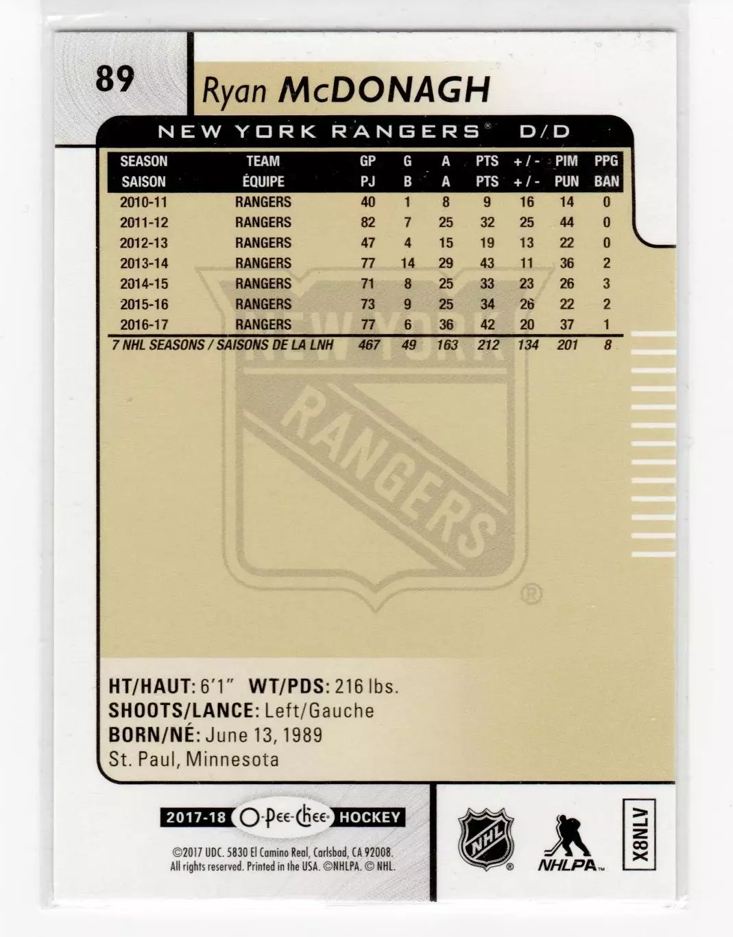 2017-18 O-Pee-Chee Rainbow #89 Ryan McDonagh 1