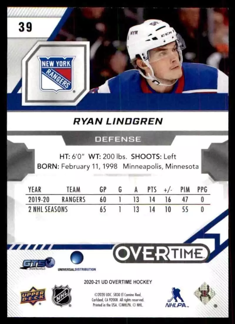2020-21 Upper Deck Overtime #39 Ryan Lindgren 1