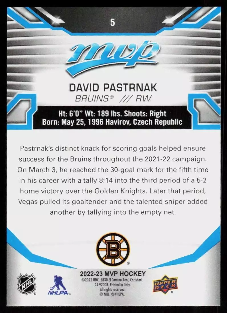 2022-23 Upper Deck MVP #5 David Pastrnak 1