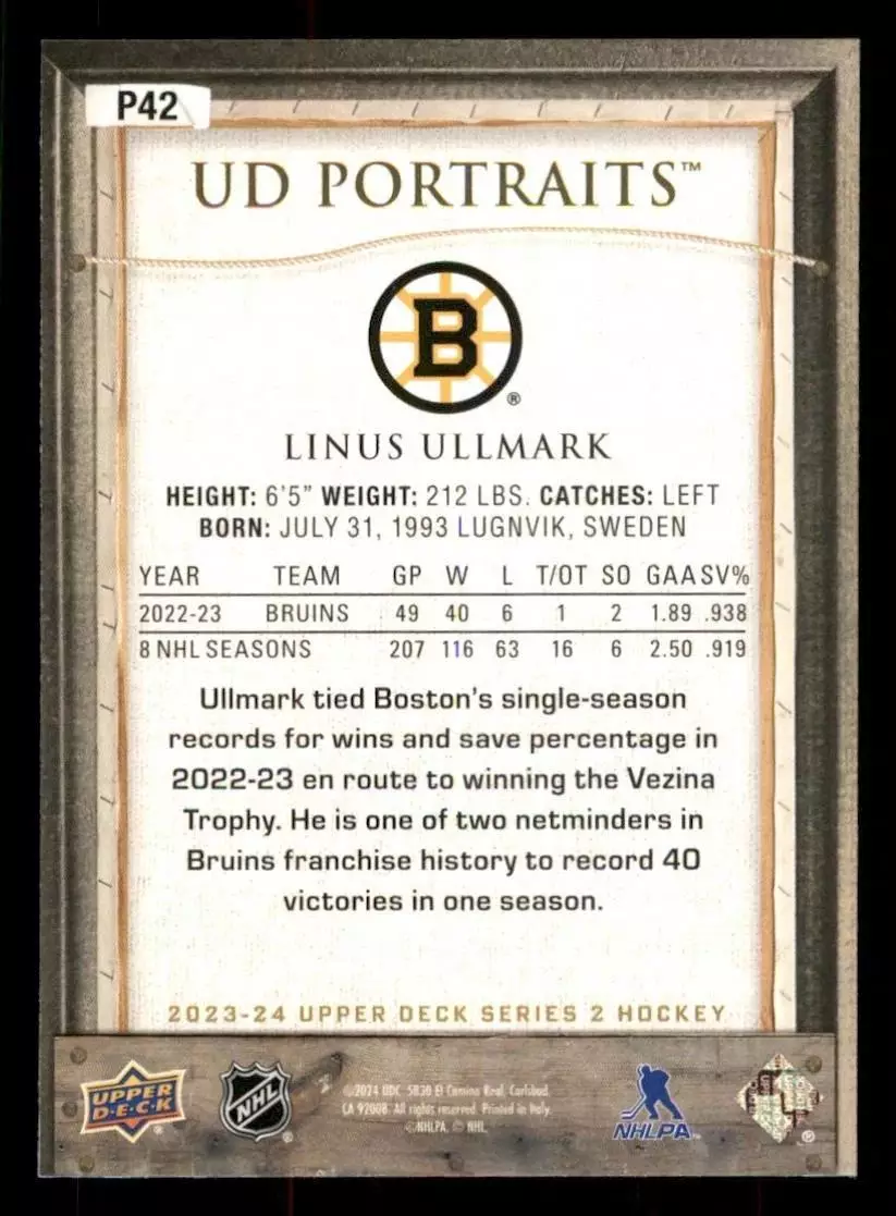 2023-24 Upper Deck UD Portraits #P42 Linus Ullmark 1