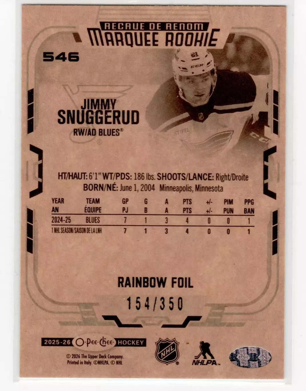 2025-26 O-Pee-Chee Rainbow #546 Jimmy Snuggerud 154\350 1