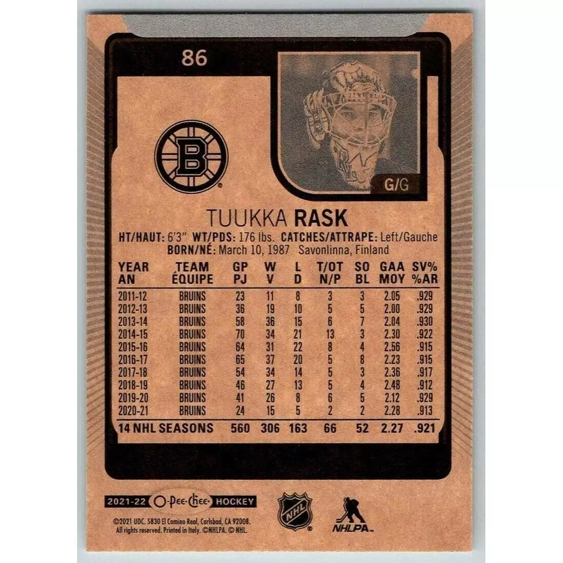 2021-22 O-Pee-Chee #86 Tuukka Rask 1