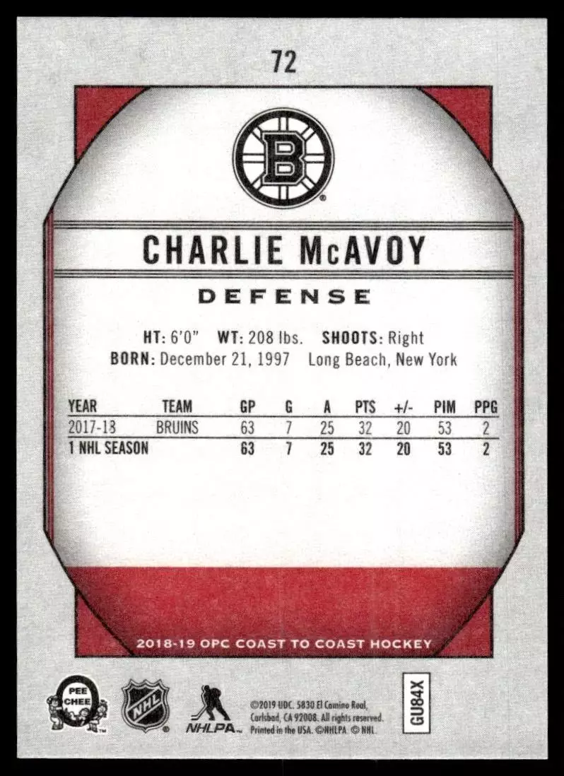 2018-19 O-Pee-Chee Coast to Coast #72 Charlie McAvoy 1