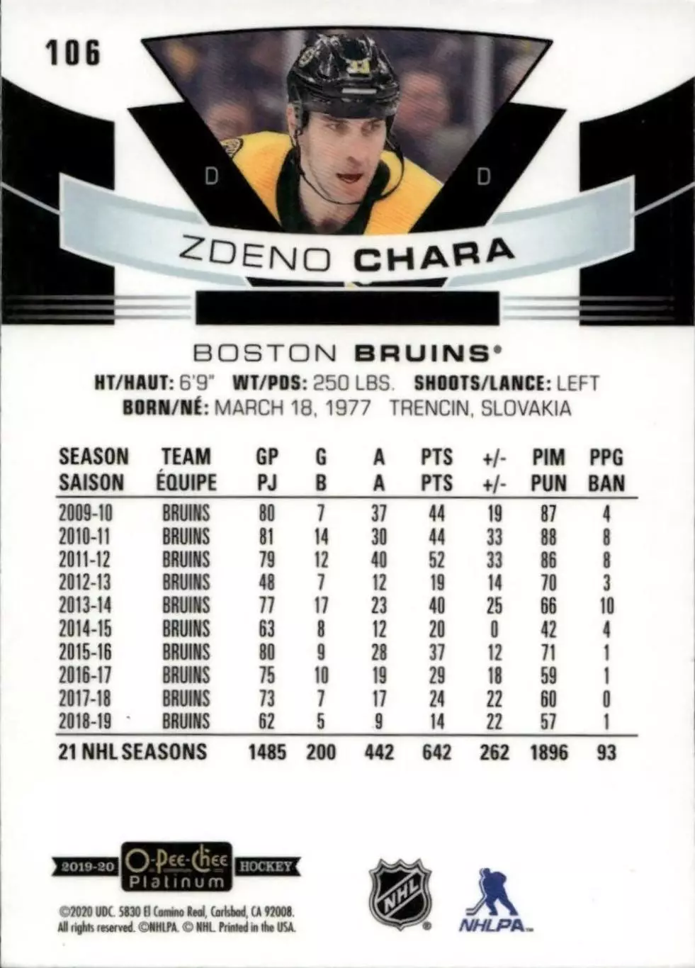 2019-20 O-Pee-Chee Platinum #106 Zdeno Chara 1