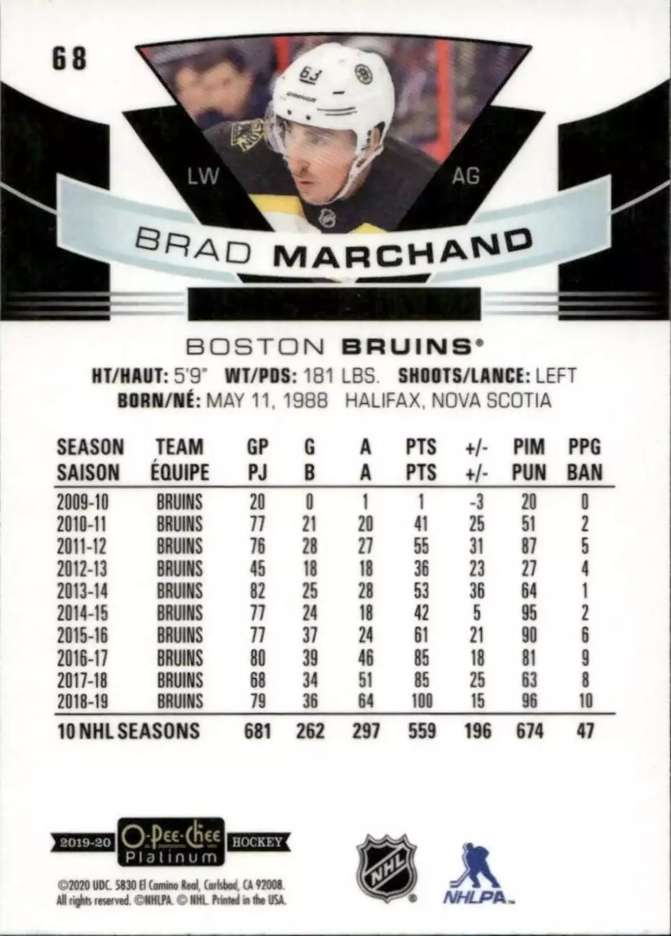 2019-20 O-Pee-Chee Platinum #68 Brad Marchand 1