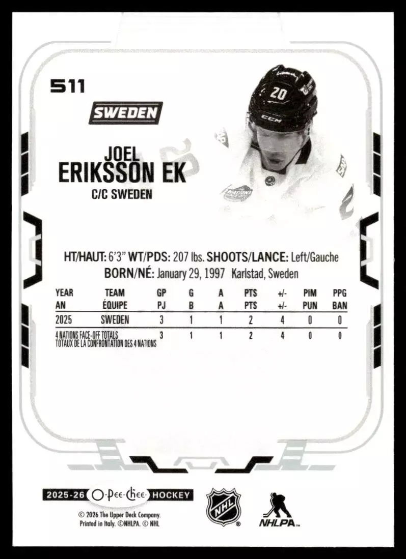 2025-26 O-Pee-Chee #511 Joel Eriksson Ek 4N 1
