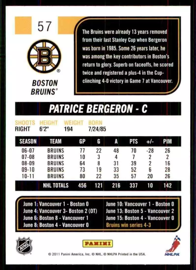 2011-12 Score #57 Patrice Bergeron 1