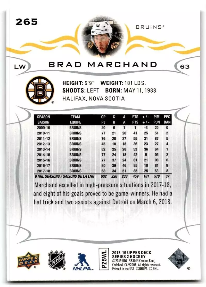 2018-19 Upper Deck #265 Brad Marchand 1