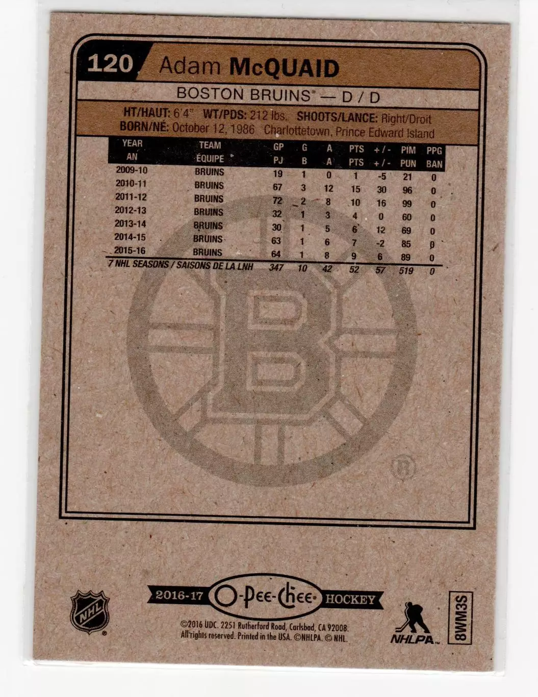 2016-17 O-Pee-Chee #120 Adam McQuaid 1
