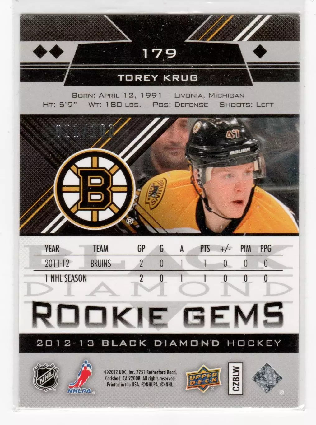 2012-13 Black Diamond Ruby #179 Torey Krug 021\100 1