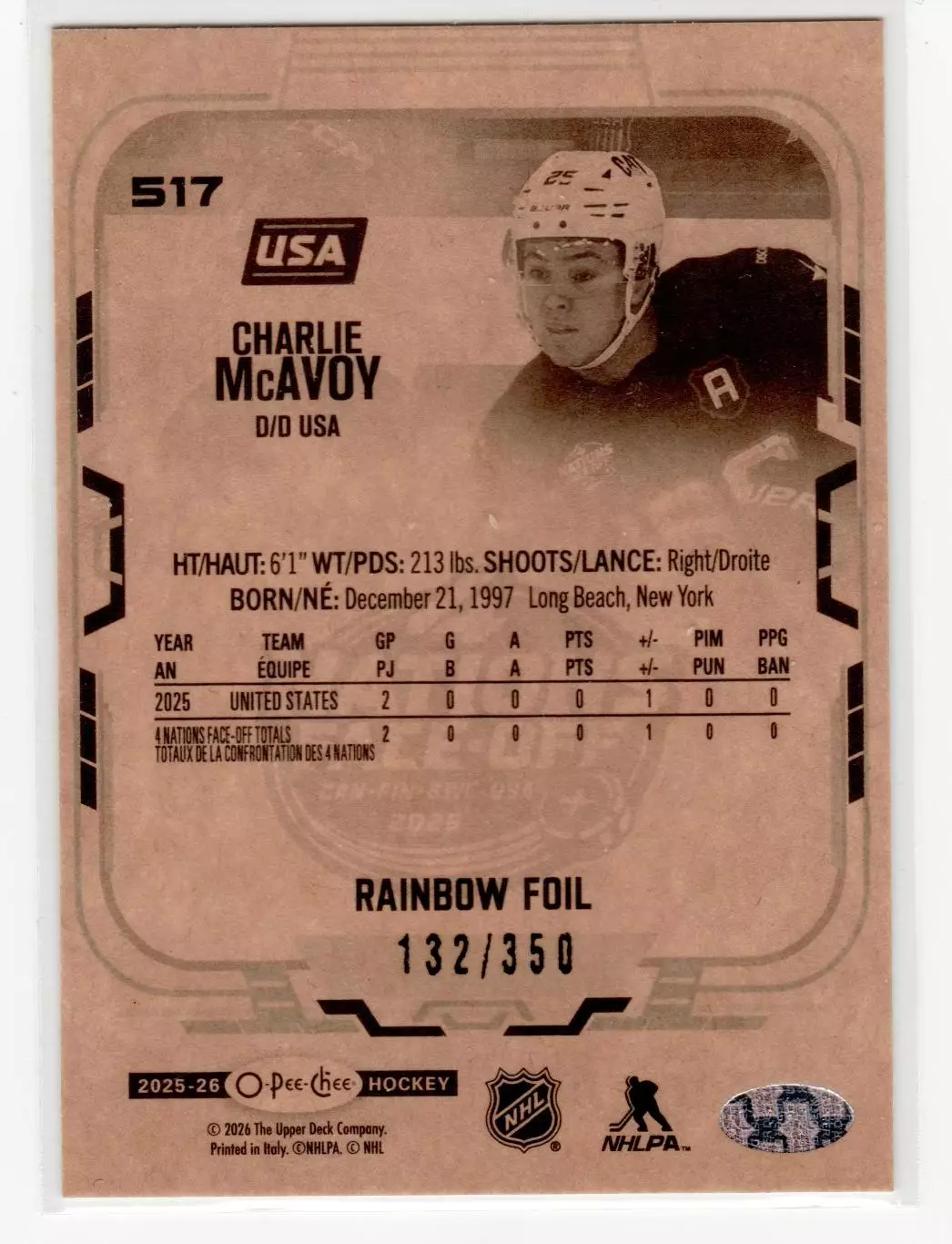2025-26 O-Pee-Chee Rainbow #517 Charlie McAvoy 4N 132\350 1