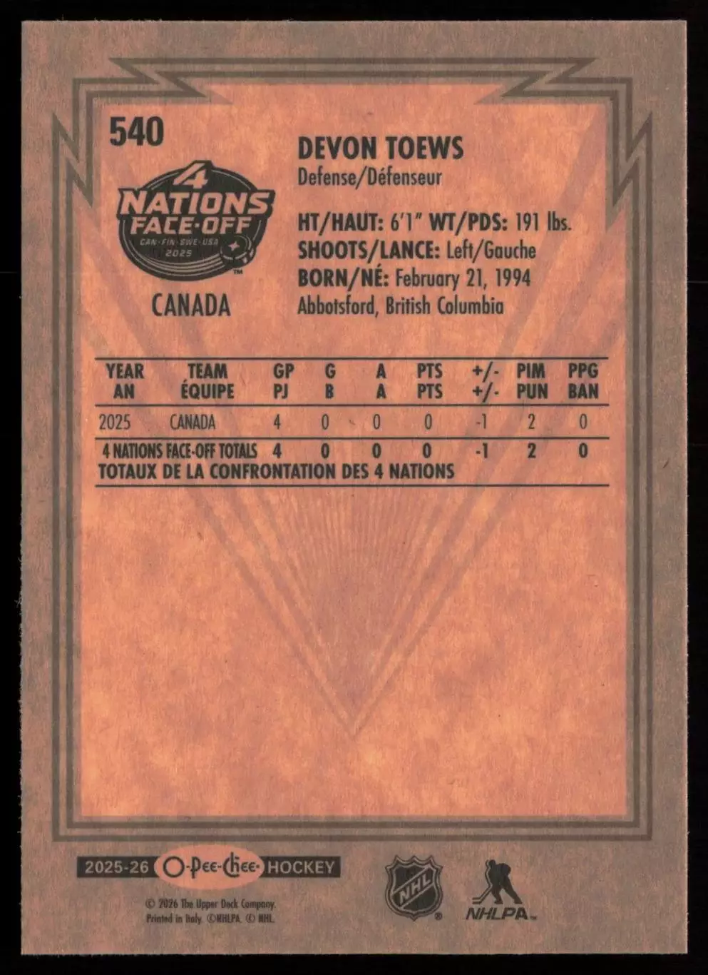 2025-26 O-Pee-Chee Retro #540 Devon Toews 4N 1