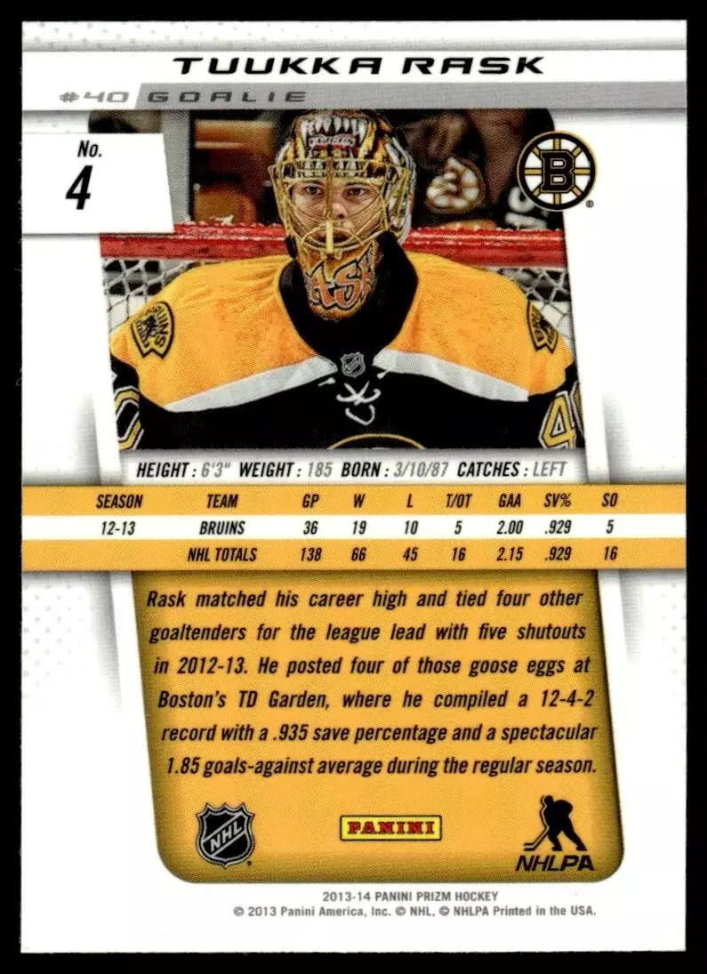 2013-14 Panini Prizm #4 Tuukka Rask 1