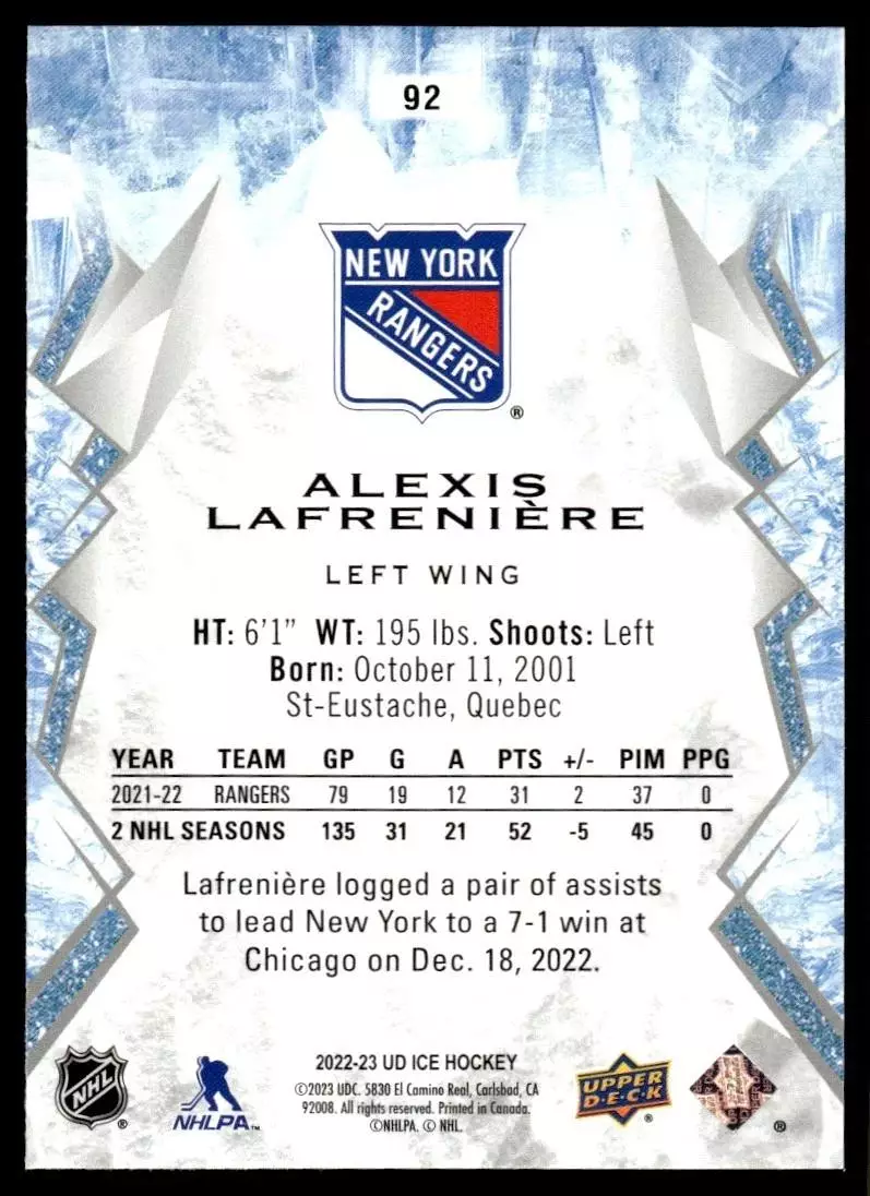 2022-23 Upper Deck Ice #92 Alexis Lafreniere 1