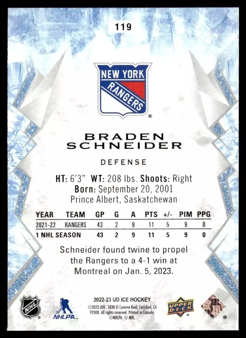 2022-23 Upper Deck Ice Green #119 Braden Schneider RC 1