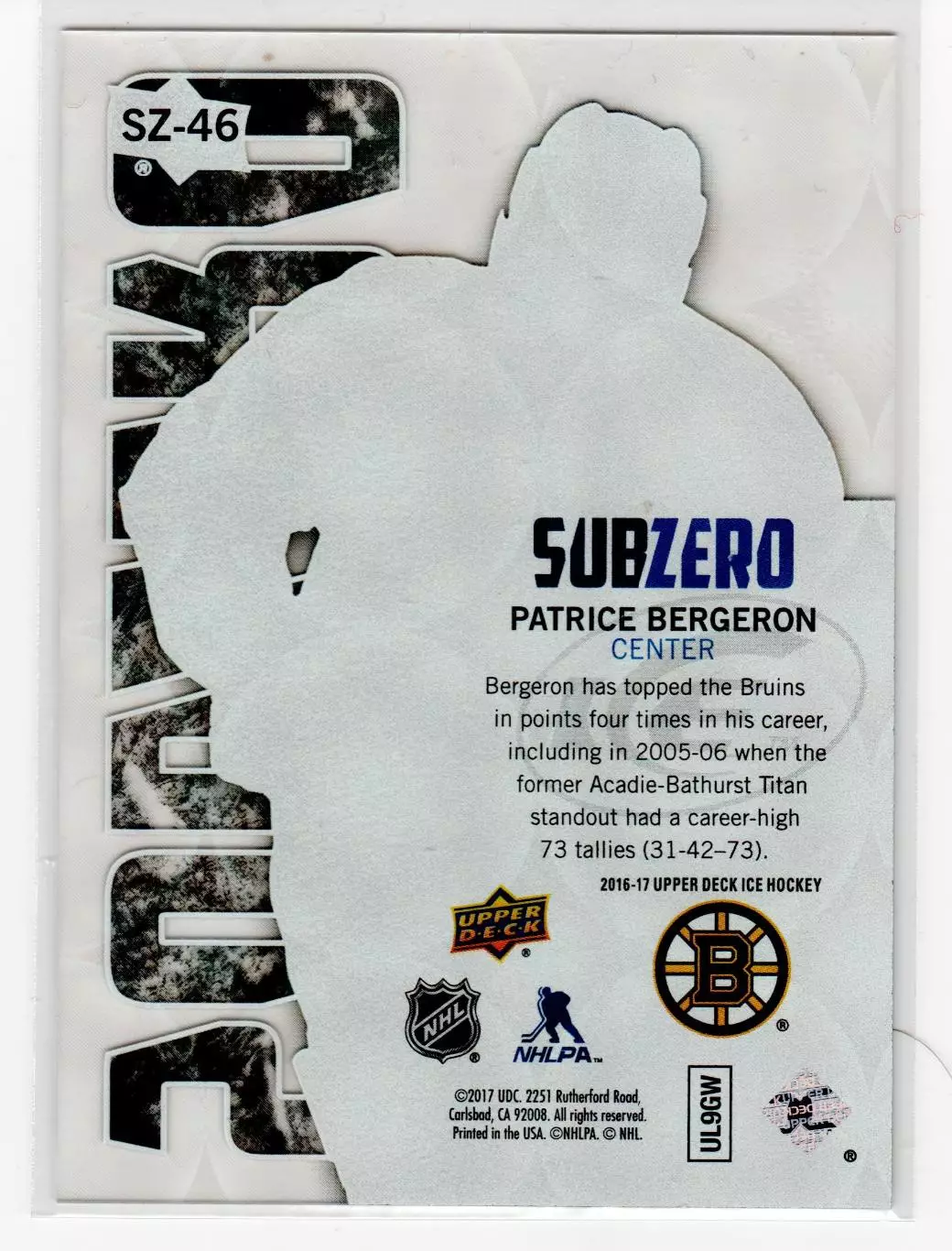 2016-17 Upper Deck Ice Sub Zero #SZ46 Patrice Bergeron 1
