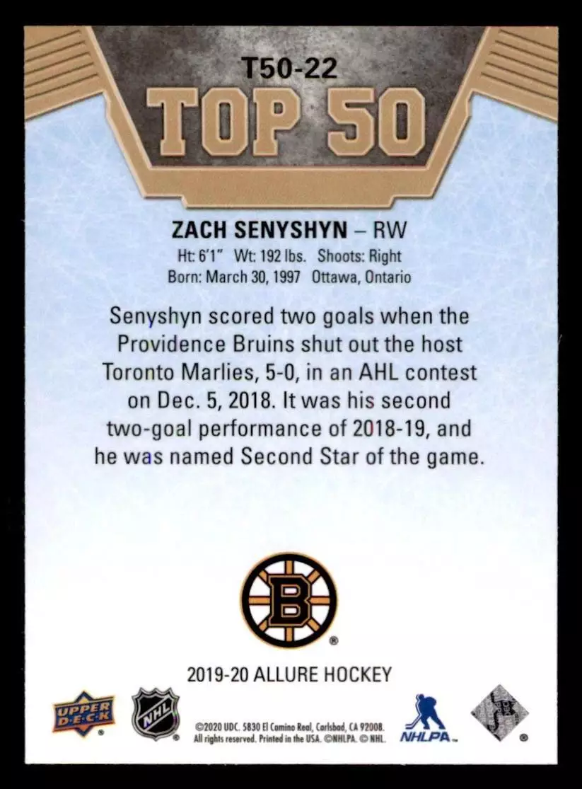 2019-20 Upper Deck Allure Top 50 #T5022 Zach Senyshyn 1