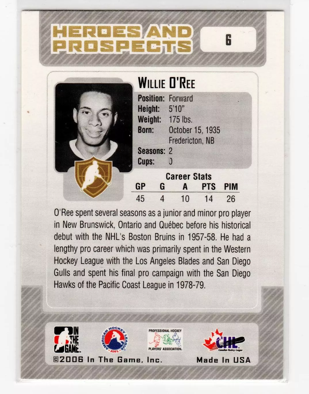 2006-07 ITG Heroes and Prospects #6 Willie O'Ree 1