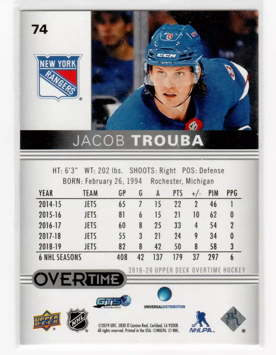 2019-20 Upper Deck Overtime #74 Jacob Trouba 1
