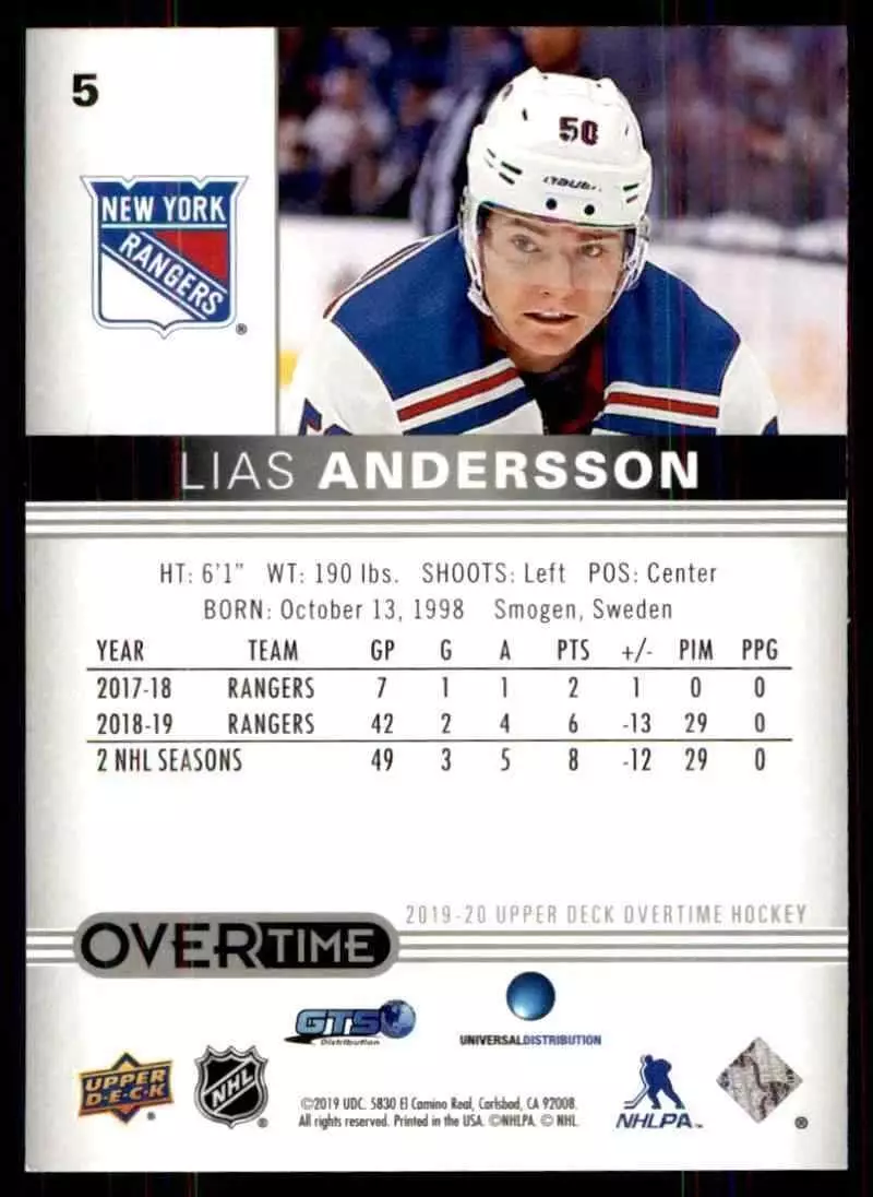 2019-20 Upper Deck Overtime #5 Lias Andersson 1