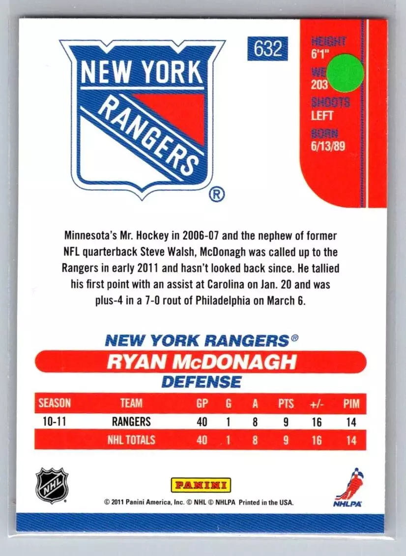 2010-11 Score #632 Ryan McDonagh RC 1